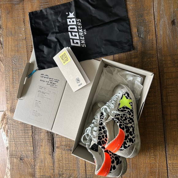 Golden Goose Super-Star Leopard Orange Heel Neon Yellow Star Sz. 8/38 - Picture 2 of 8